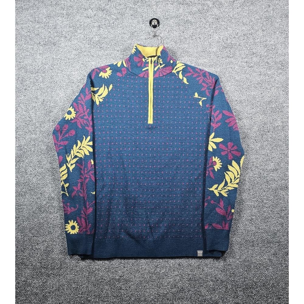 Title Nine 1/4 Zip Sweater Sz S Navy Blue Dots & Floral 100% Merino Gorpcore
